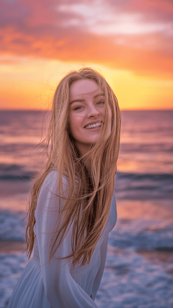 A smiling woman with long blonde hair stands on a beach in front of a vibrant sunset with orange and purple hues in the sky.