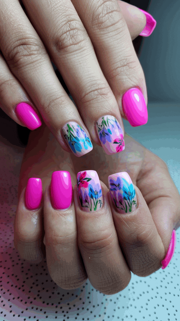 Close-up of hands with bright pink nail polish and floral nail art featuring blue and purple flowers on a dotted white background.