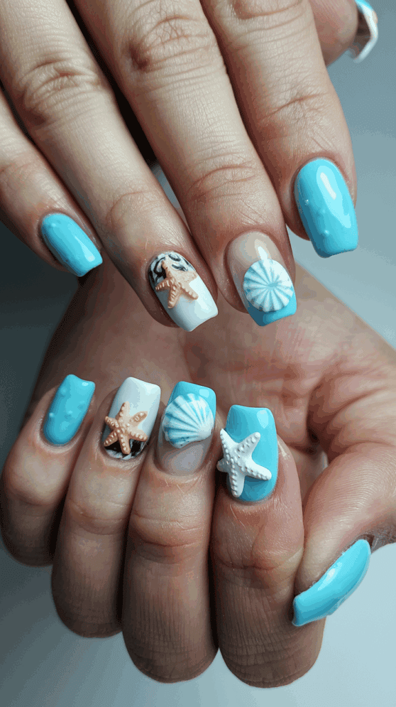A close-up of hands with blue and white beach-themed nail art featuring 3D seashells and starfish designs on a glossy background.