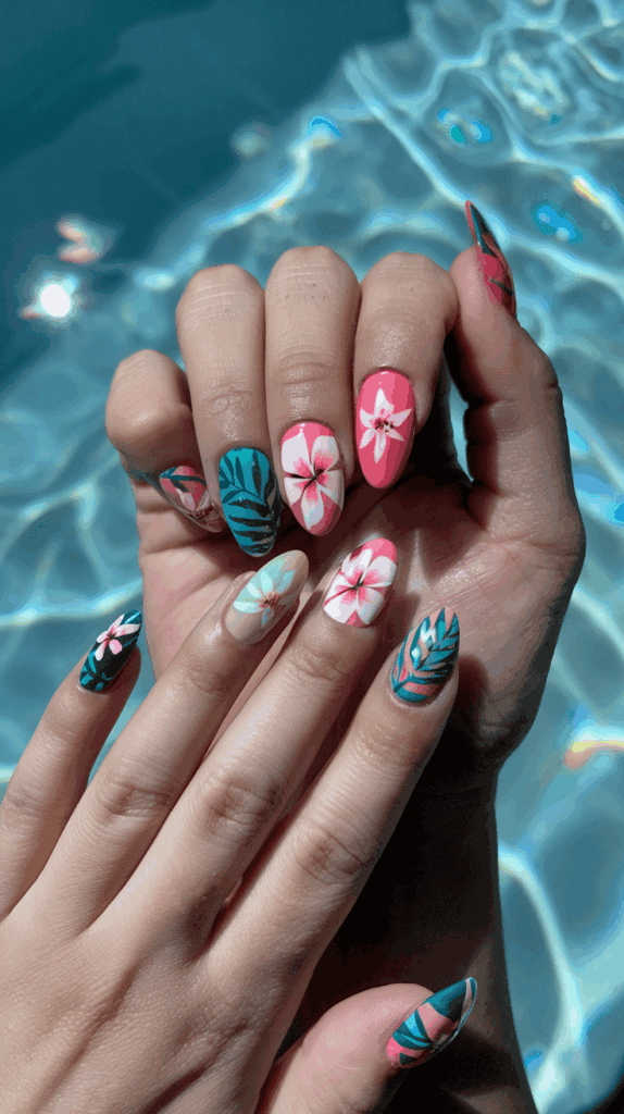 Hands with colorful tropical-themed nail art, featuring floral and leaf designs in shades of pink, green, and white, held over a shimmering pool background.