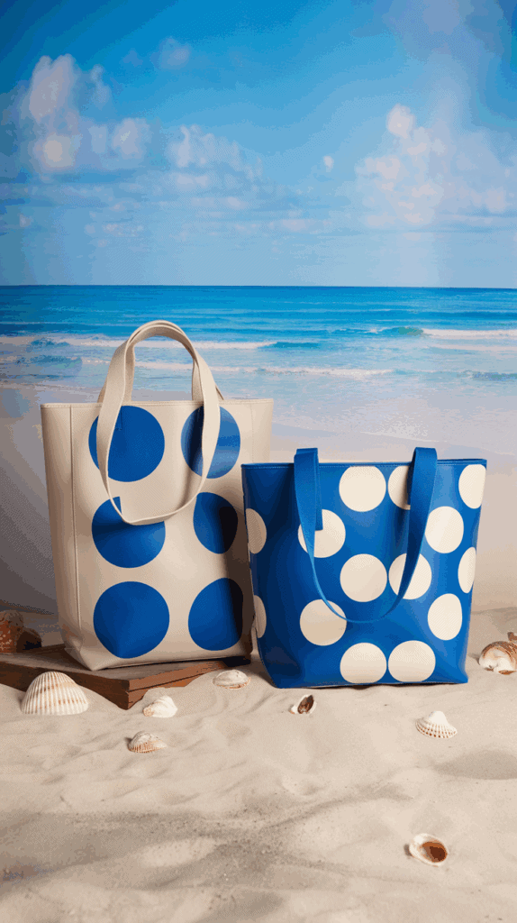 Two tote bags with polka dot patterns on a sandy beach with seashells, set against a backdrop of the ocean and blue sky.