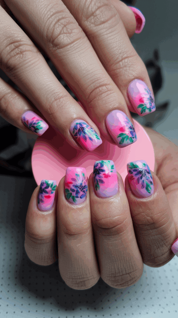 A close-up of hands showcasing manicured nails adorned with intricate floral designs in shades of purple, pink, and green on a soft pink gradient background.