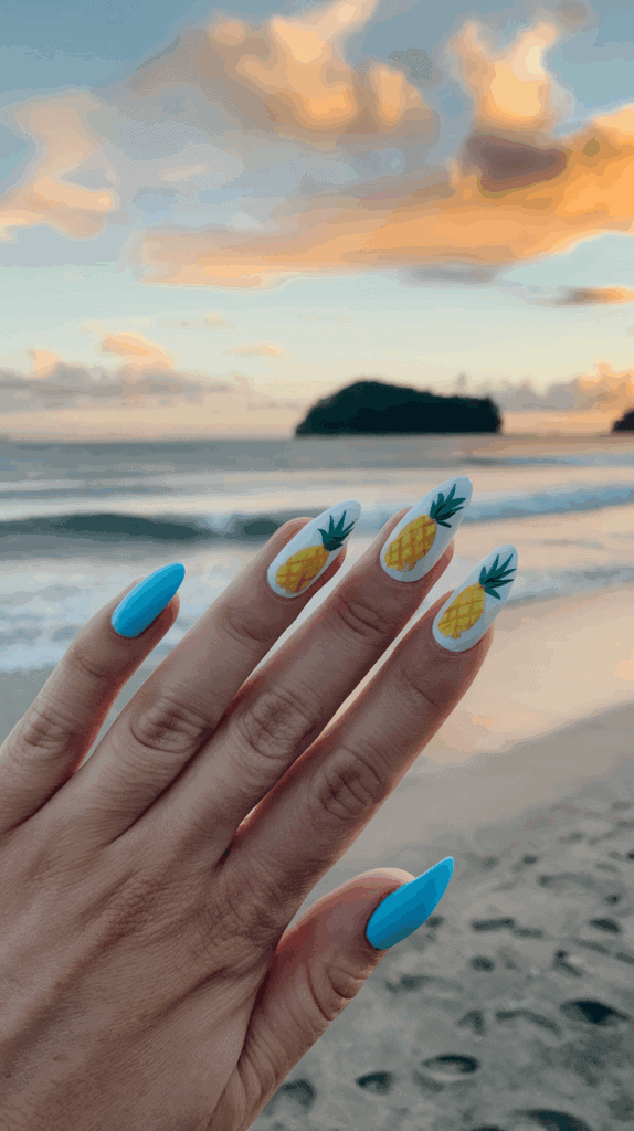 A hand with long, almond-shaped nails featuring pineapple designs and solid blue polish, held up against a beach backdrop with a sunset sky and ocean waves.