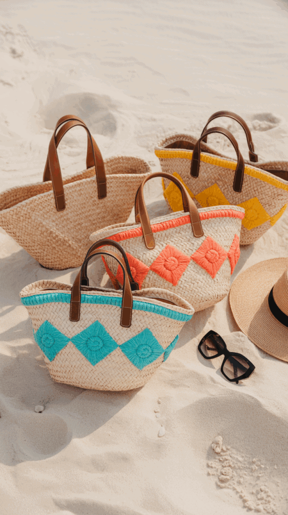 Four woven beach bags with colorful designs and brown handles are arranged on the sand, accompanied by a straw sun hat and black sunglasses.
