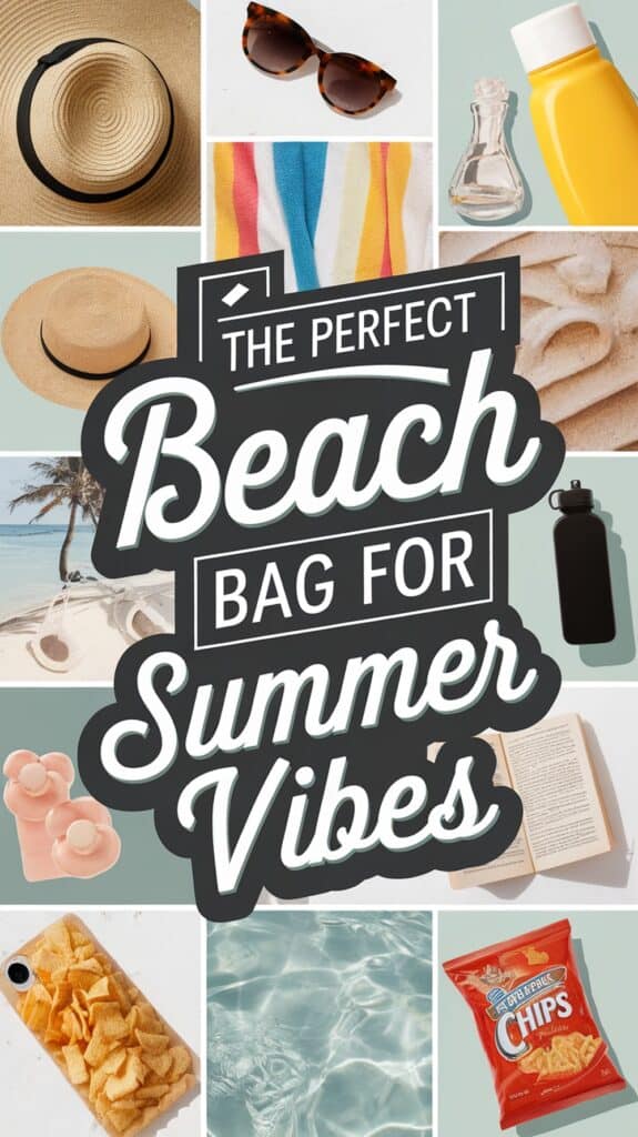 Collage featuring beach essentials including a straw hat, sunglasses, striped towel, bottled drinks, a book, a mobile phone cover with chips design, flowing water, and a packet of chips, centered around the phrase 'The Perfect Beach Bag for Summer Vibes.'