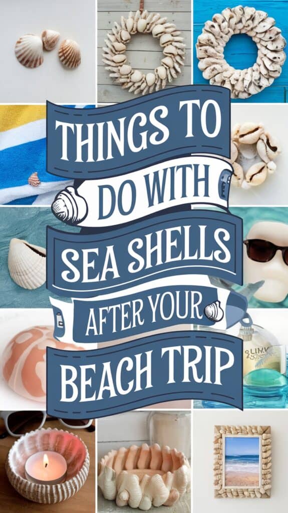 A collage featuring various uses for sea shells, including wreaths, candle holders, and frames, with the central text: 'Things to do with sea shells after your beach trip.'