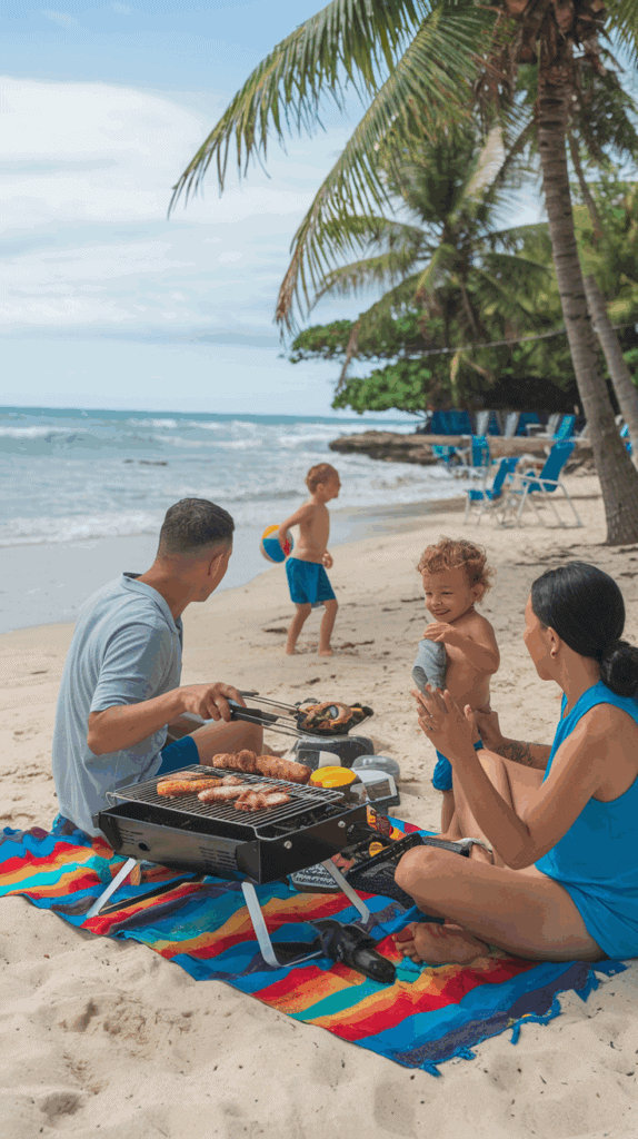 A family enjoying a barbecue on a sandy beach under palm trees, with the father grilling food on a small portable grill, the mother sitting nearby, and two children playing with a beach ball in the background near the ocean.