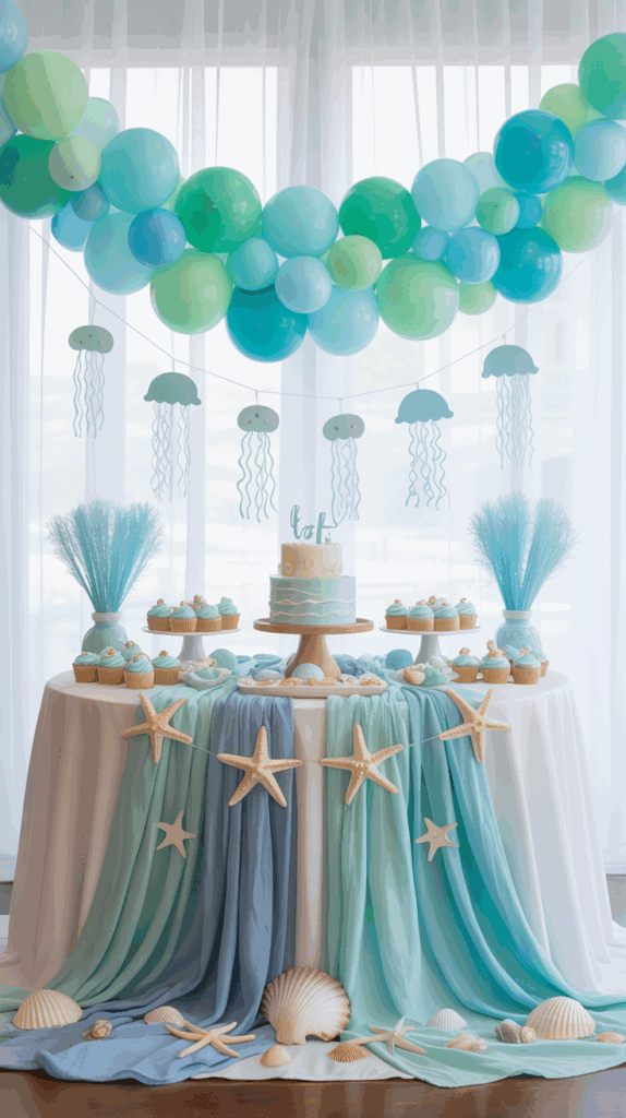 A beach-themed celebration table with an arrangement of turquoise and green balloons above, featuring decorations of jellyfish cutouts. The table is adorned with a blue ombre cloth, with starfish and seashells scattered on top. A cake with blue icing is centered, surrounded by matching cupcakes. Blue vases with decorative grasses flank the table.