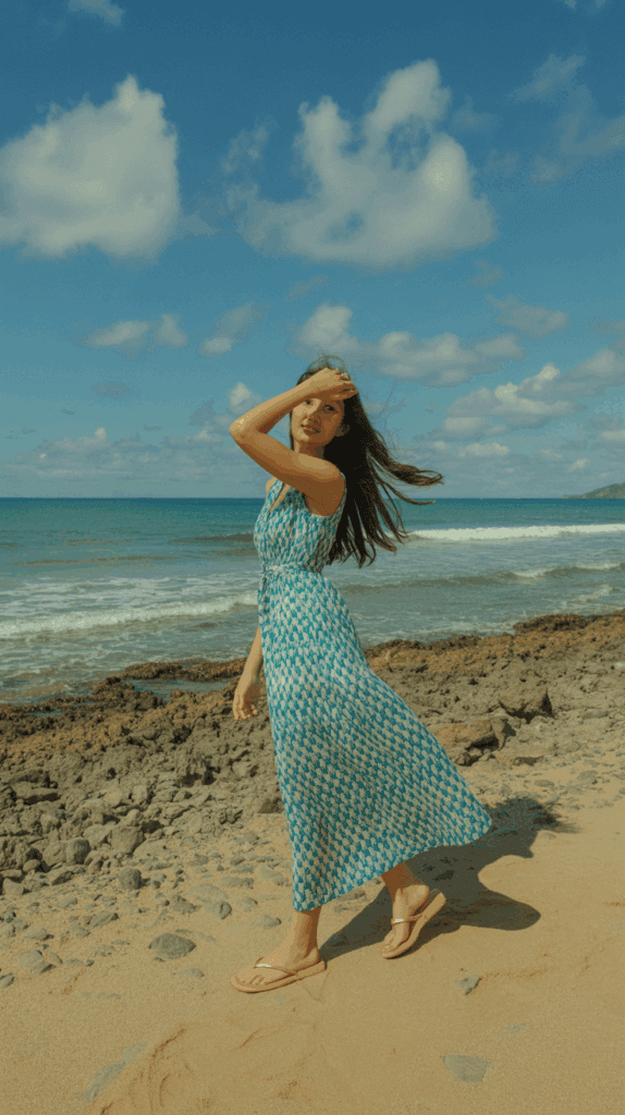 A person wearing a blue patterned dress and flip-flops walks along a sandy beach with the ocean in the background, under a blue sky with scattered clouds.