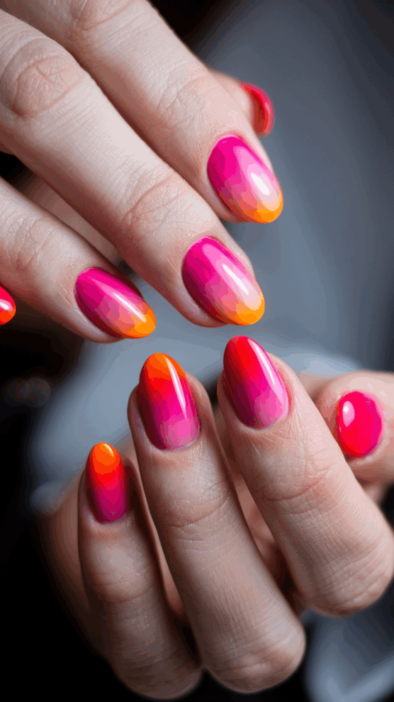 Close-up of a person's fingernails with a vibrant ombre manicure, featuring a smooth gradient from pink to orange.