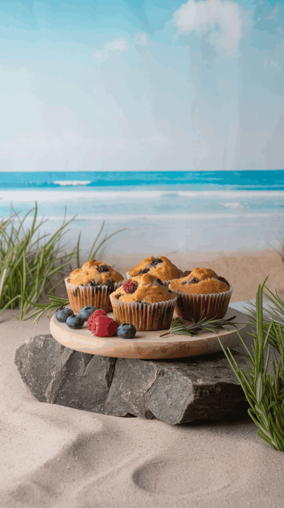 Four berry muffins on a wooden platter with fresh blueberries and raspberries, set against a beach backdrop with sand and sea grass.