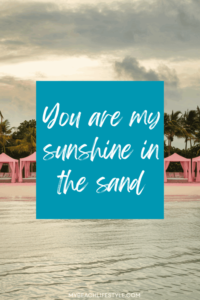 A tranquil beach setting with pink cabanas, palm trees, and calm water, overlaid with the text 'You are my sunshine in the sand.'