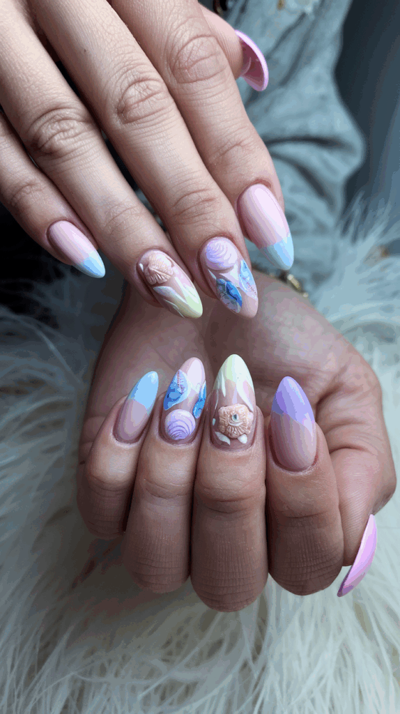 A close-up of hands with pastel-colored nail art featuring intricate designs including seashells, butterflies, and soft gradients on almond-shaped nails.