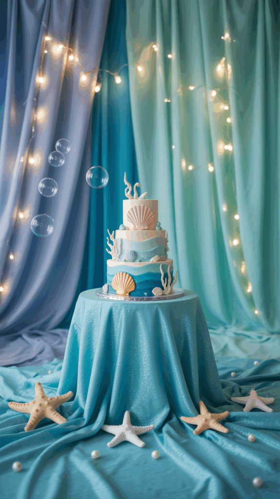 A three-tier ocean-themed cake decorated with shells and coral sits on a teal tablecloth surrounded by starfish and bubbles, with a backdrop of soft blue and green drapes accented by twinkling string lights.