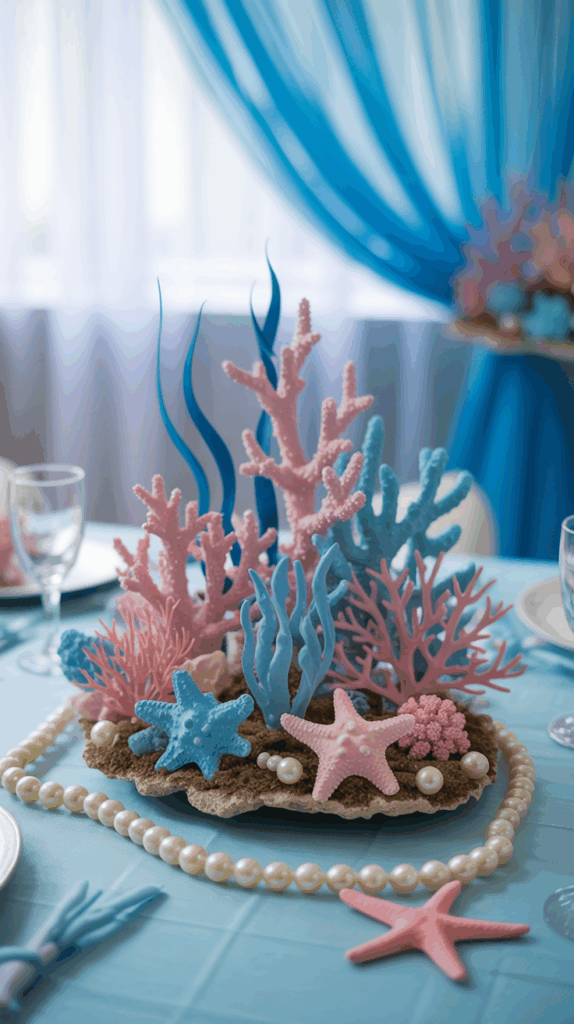 A decorative table centerpiece with pink and blue artificial coral reefs, starfish, and pearls arranged on a light blue tablecloth, with blue and white drapes in the background.