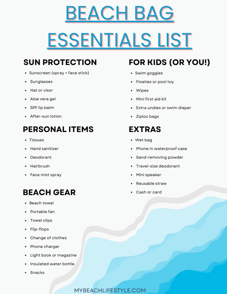 A graphic listing 'Beach Bag Essentials' with categories including Sun Protection, Personal Items, Beach Gear, For Kids (or you!), and Extras. Items listed are sunscreen, sunglasses, hat, aloe vera gel, SPF lip balm, tissues, hand sanitizer, deodorant, beach towel, fan, swim goggles, floaties, wet bag, phone case, and more. The bottom features a wave design with the text 'mybeachlifestyle.com.'