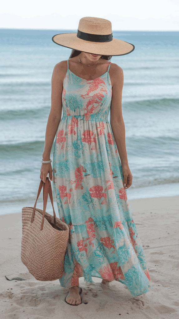 Woman wearing a wide-brimmed straw hat and a colorful floral maxi dress, standing on a sandy beach with the sea in the background, holding a large woven tote bag.