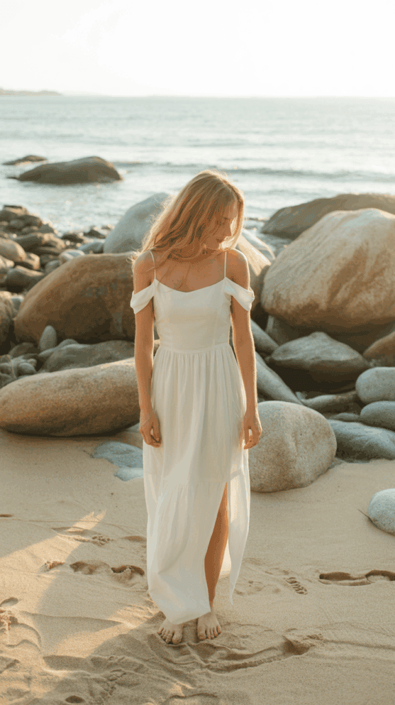A woman in a white dress stands barefoot on a sandy beach with rocks and the ocean in the background, bathed in warm sunlight.