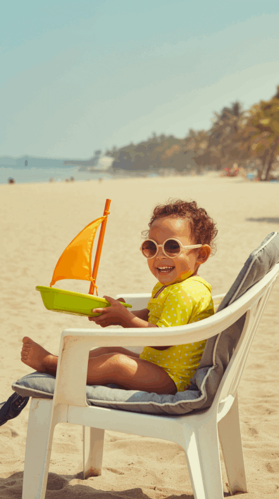 A smiling child wearing sunglasses and a yellow polka dot swimsuit sits on a white chair at the beach, holding a toy sailboat with an orange sail. Palm trees and ocean are visible in the background.