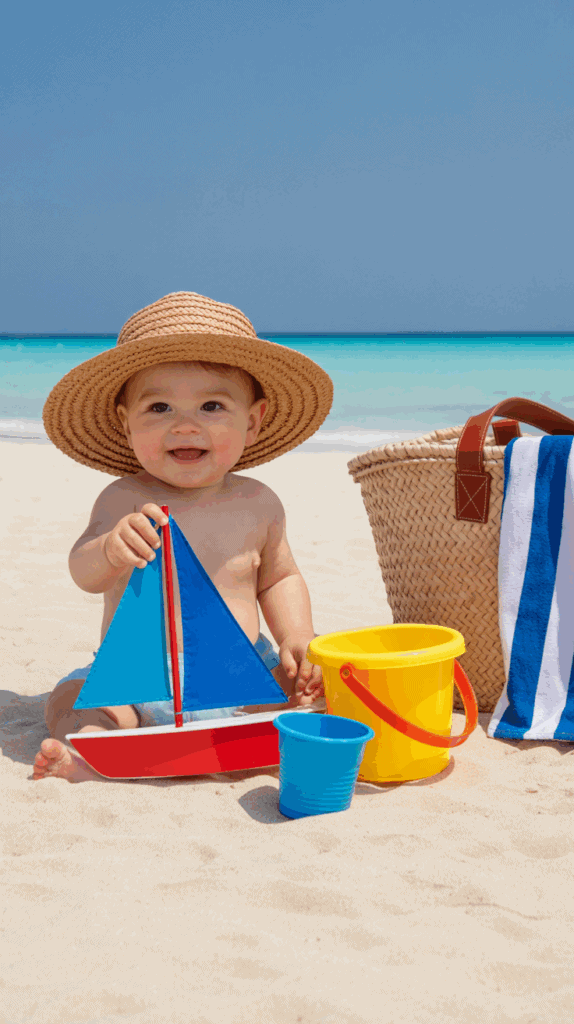 A baby sitting on a sandy beach wearing a straw hat, holding a toy sailboat. Beside the baby, there is a yellow bucket and a blue cup, with a woven beach bag and a striped towel in the background. The ocean and clear blue sky are visible in the distance.