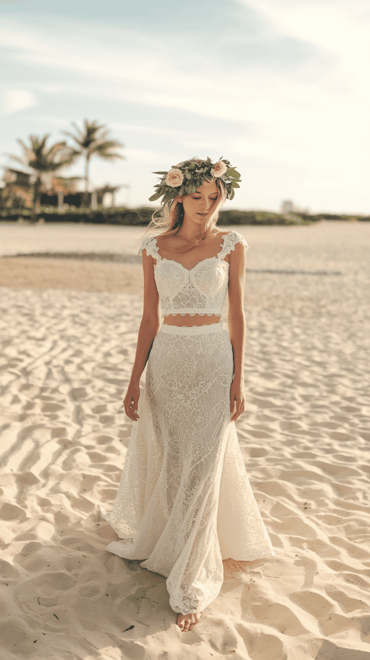 A woman in a lace two-piece wedding dress and floral crown walks barefoot on a sandy beach under a clear sky, with palm trees in the background.