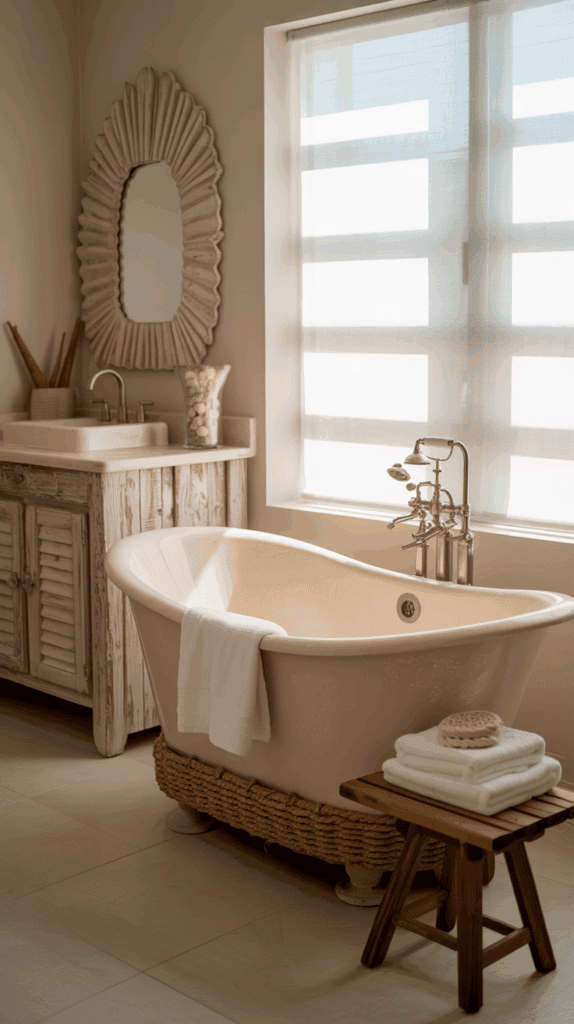 A serene bathroom featuring a freestanding bathtub with a woven base, a rustic wooden vanity with a large ornate mirror above, and a stool with folded towels and a natural sponge beside the tub.