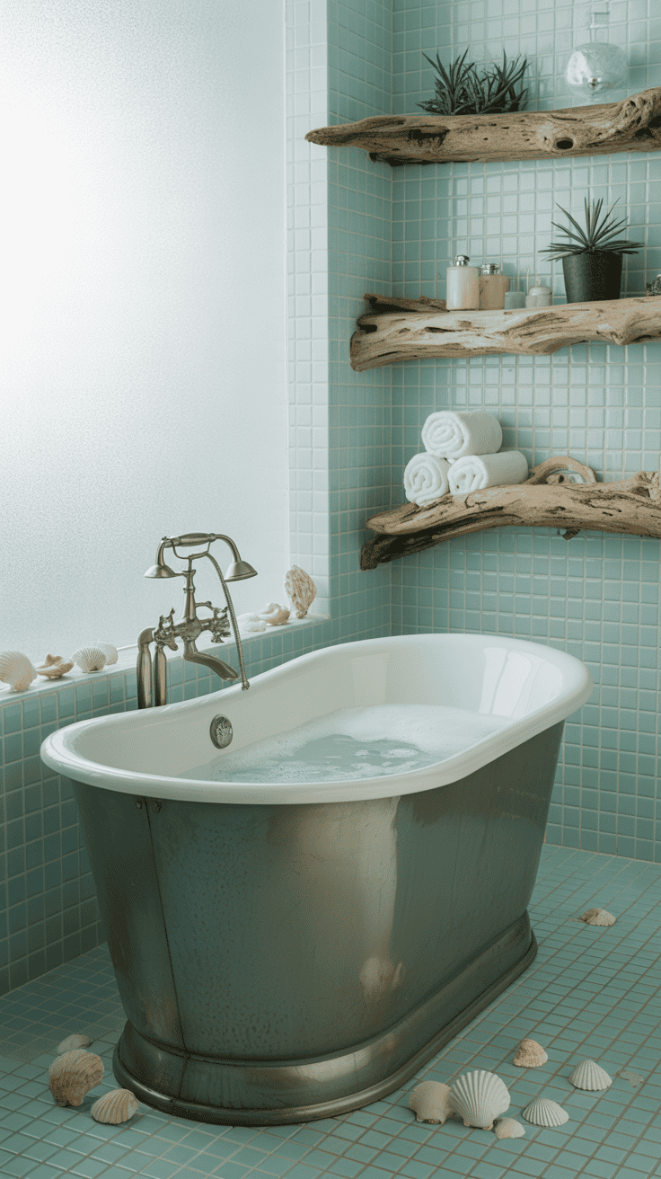 A luxurious bathroom featuring a metallic freestanding bathtub with frothy water, set against light blue tiled walls. Rustic wooden shelves hold folded white towels and potted plants, while seashells decorate the floor and windowsill, enhancing the coastal theme.