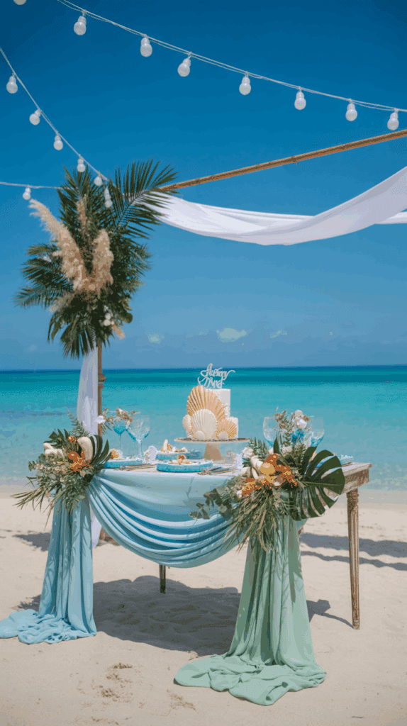 A beachside table setup decorated for a wedding, featuring a white and blue draped cloth, tropical floral arrangements, and seashells, with a two-tiered cake topped with a 'Just Married' sign. The background shows a clear blue sky and a turquoise ocean.