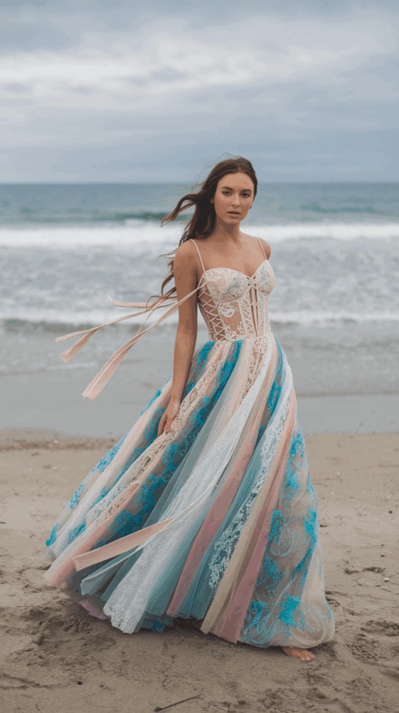 Woman in a flowing multicolored lace dress stands barefoot on a sandy beach with the ocean in the background.