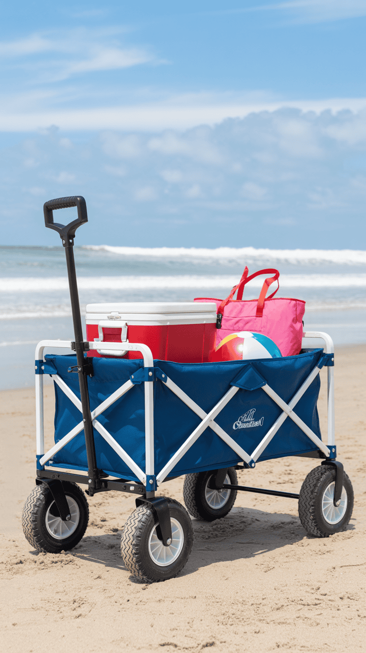 A blue collapsible wagon on a sandy beach filled with a red cooler, a pink bag, and a beach ball, with ocean waves in the background.