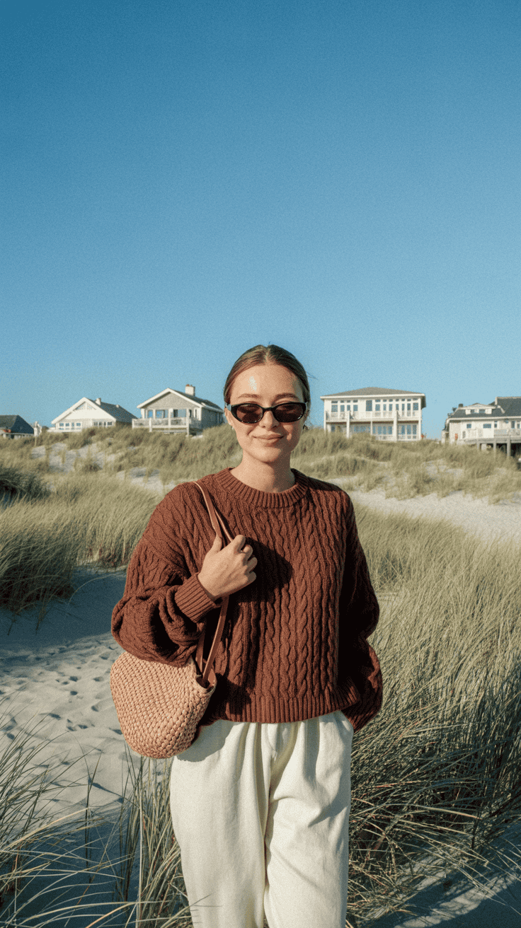 A person wearing a brown sweater, sunglasses, and carrying a woven bag stands on a sandy beach with tall grasses and houses in the background.