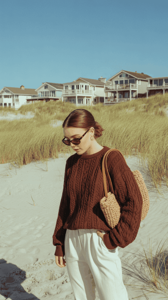 A person wearing a brown sweater and white pants stands on a sandy beach with grass dunes, holding a woven bag and wearing sunglasses. In the background, there are several beach houses.