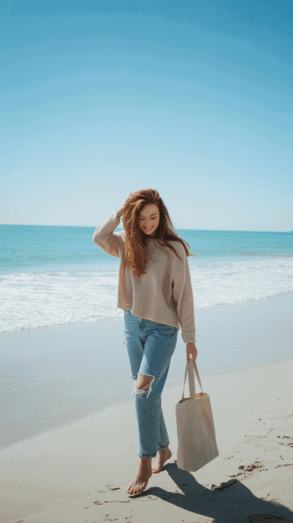 A woman walking barefoot on a beach, wearing a beige sweater and ripped jeans, carrying a tote bag, with the ocean and clear blue sky in the background.