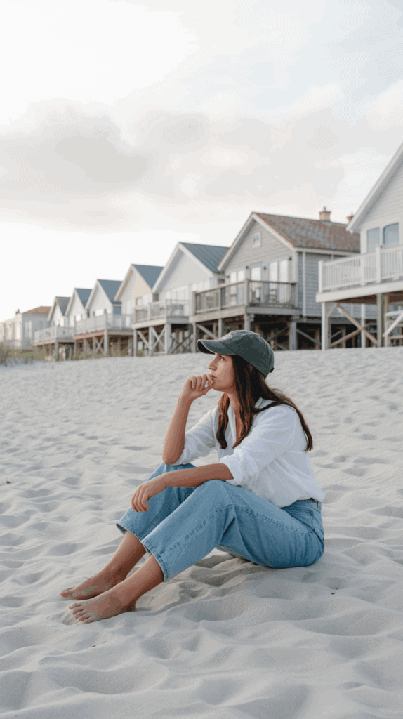 A woman in a casual outfit, wearing a green cap, white shirt, and blue jeans, sits thoughtfully on sand near a row of beach houses.