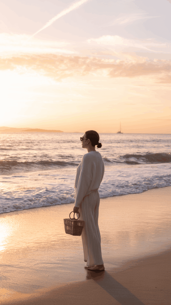 A person wearing sunglasses and a light-colored outfit stands on the shore, holding a wicker basket, looking at the sunset over the ocean.