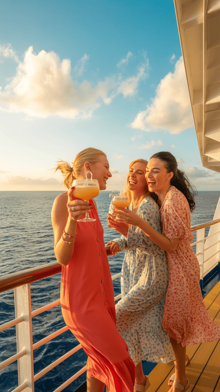 Three women in summer dresses laughing and holding drinks on the deck of a cruise ship, with the ocean and a cloudy sky in the background.