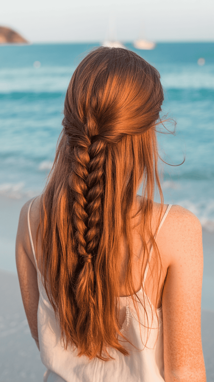 Back view of a person with long, red hair styled in a braid, standing on a beach near the ocean.
