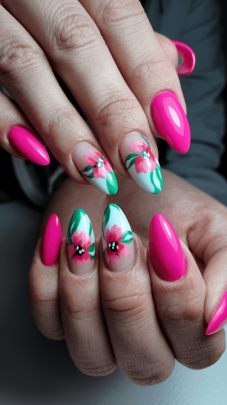 Close-up of hands with fingernails painted in a bright pink, featuring floral designs with pink flowers and green leaves on some nails.