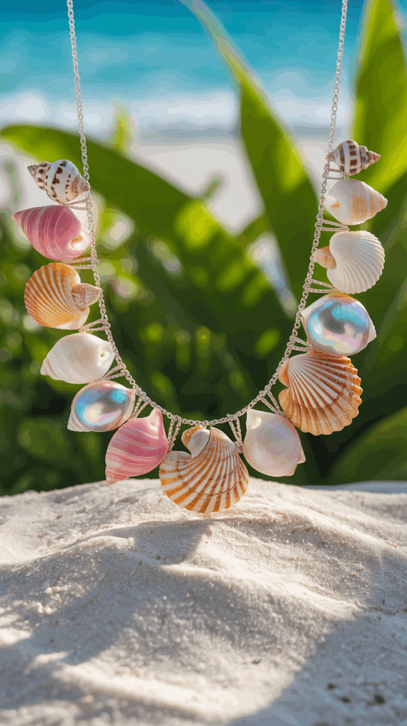 A necklace made of colorful seashells hanging against a backdrop of sandy beach and green foliage, with the ocean visible in the distance.