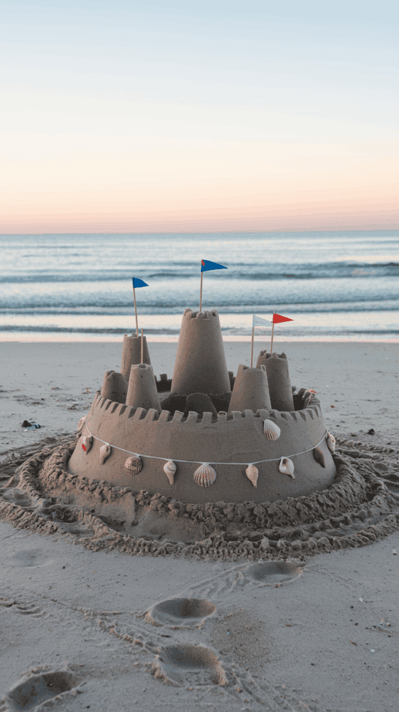 A detailed sandcastle with towers is decorated with seashells and small flags, situated on a beach at sunset with the ocean in the background.