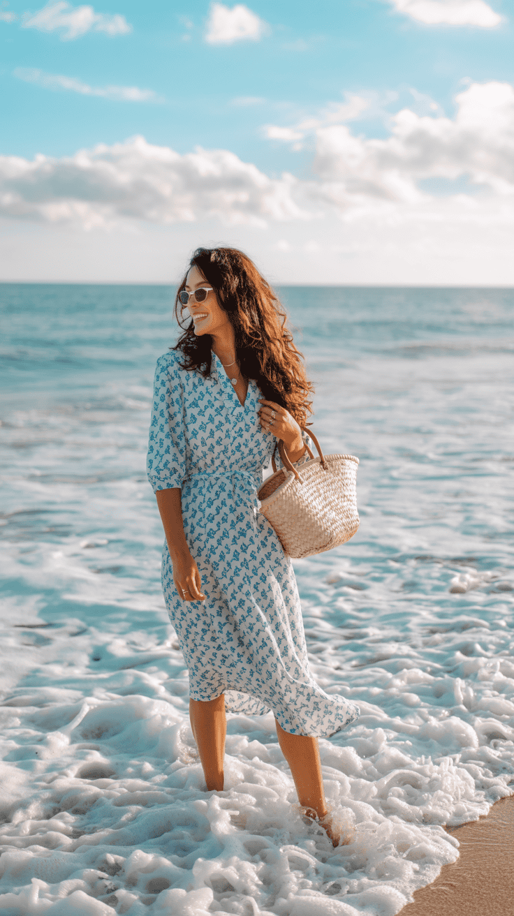 Woman in a blue patterned dress and sunglasses walking in the ocean surf, holding a straw handbag, with a sunny sky and sea in the background.