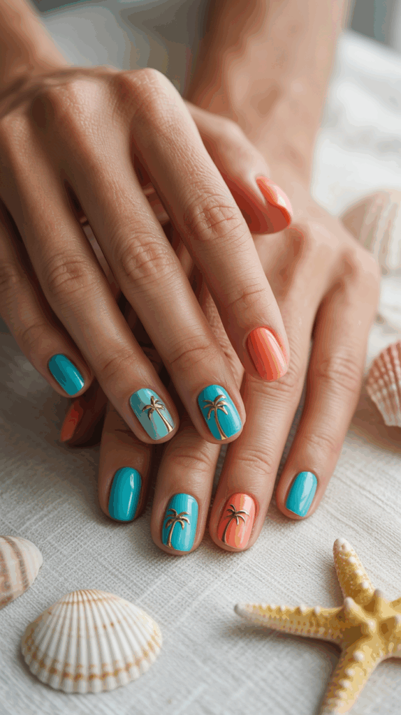 Close-up of hands with nails painted in a mix of teal and coral, featuring small palm tree designs, surrounded by seashells and a starfish on a light fabric surface.
