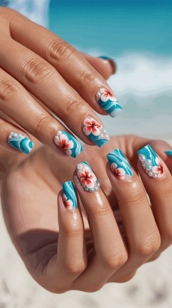 Close-up of hands showcasing turquoise nails with painted hibiscus flowers and small pearl decorations, set against a beach background.