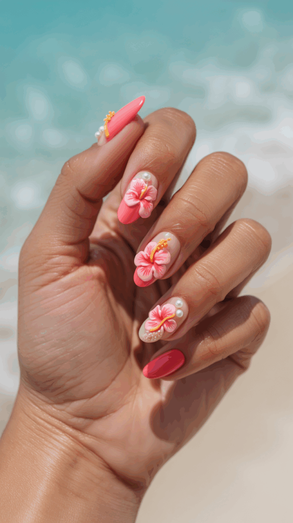 A close-up of a hand with pink acrylic nails adorned with 3D floral decorations and pearl accents, set against a backdrop of a sandy beach and turquoise water.
