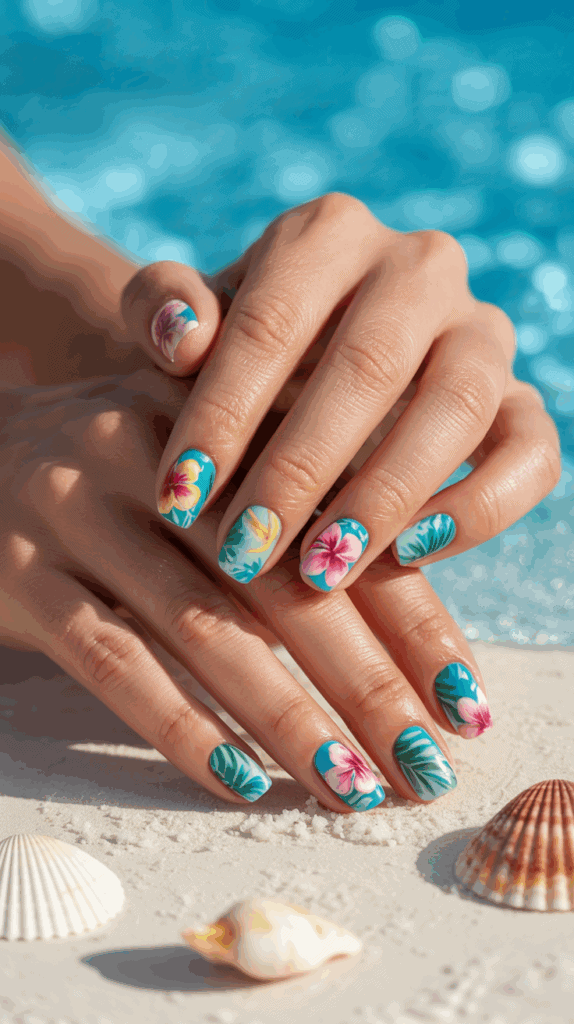 Close-up of hands with tropical-themed nail art featuring colorful flowers and palm leaves, set against a sandy beach background with seashells.