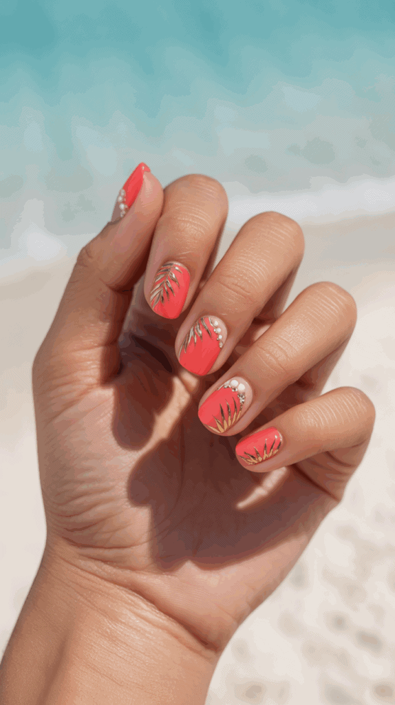 A hand with coral-colored nail art featuring gold leaf designs and pearl accents, held against a blurred beach background with sand and turquoise water.