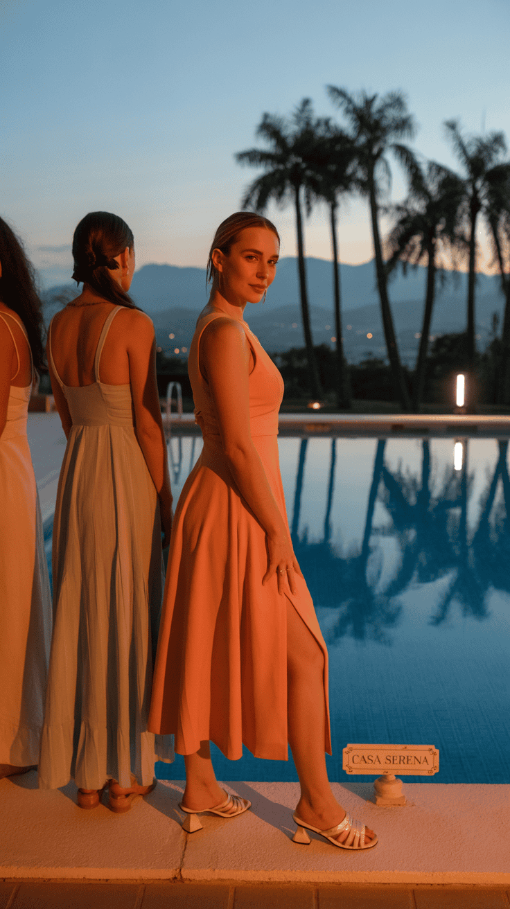 A woman in a peach dress poses by a swimming pool with palm trees in the background at dusk, and two other women in light-colored dresses stand nearby.