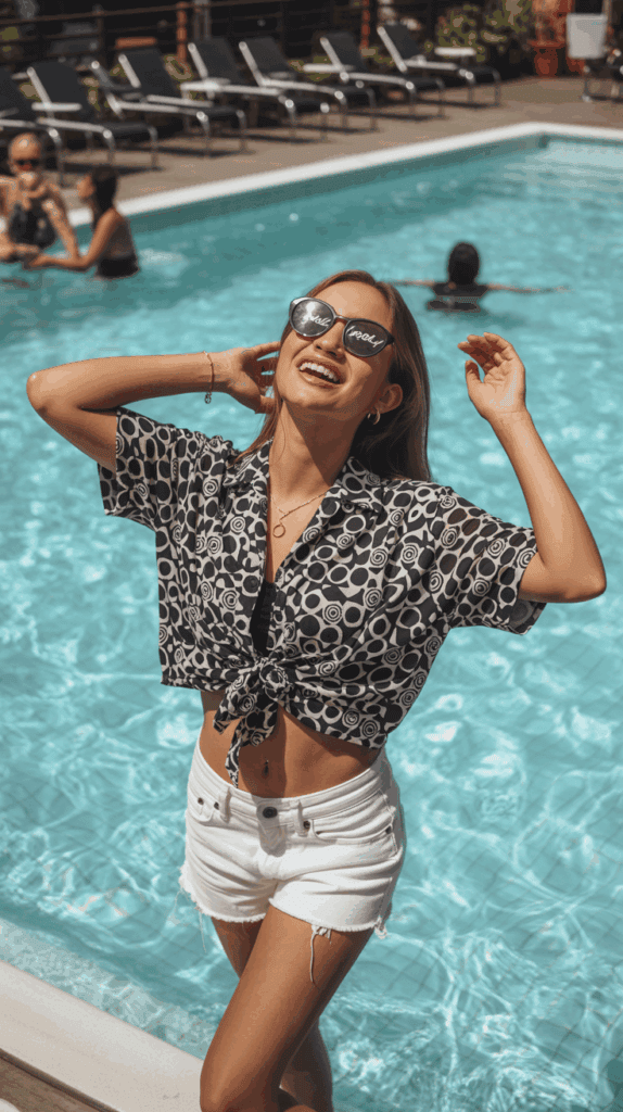 A woman smiling by a pool wearing a patterned black and white shirt tied at the waist, white shorts, and large sunglasses. In the background, several people are enjoying the pool with sun loungers lined up along the poolside.