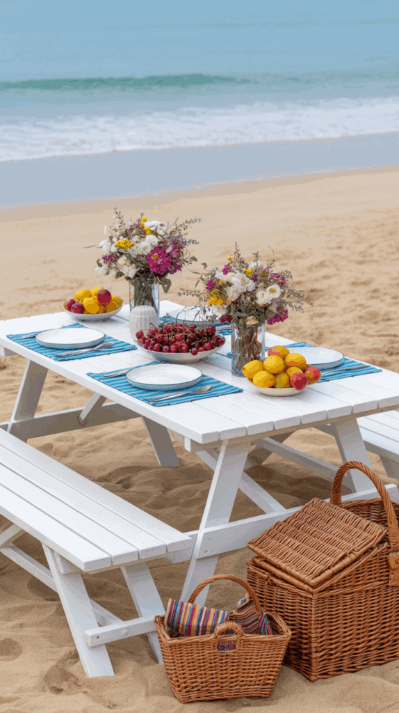 A white picnic table set on a sandy beach with colorful floral arrangements, bowls of fresh fruit, and empty plates, next to wicker picnic baskets.
