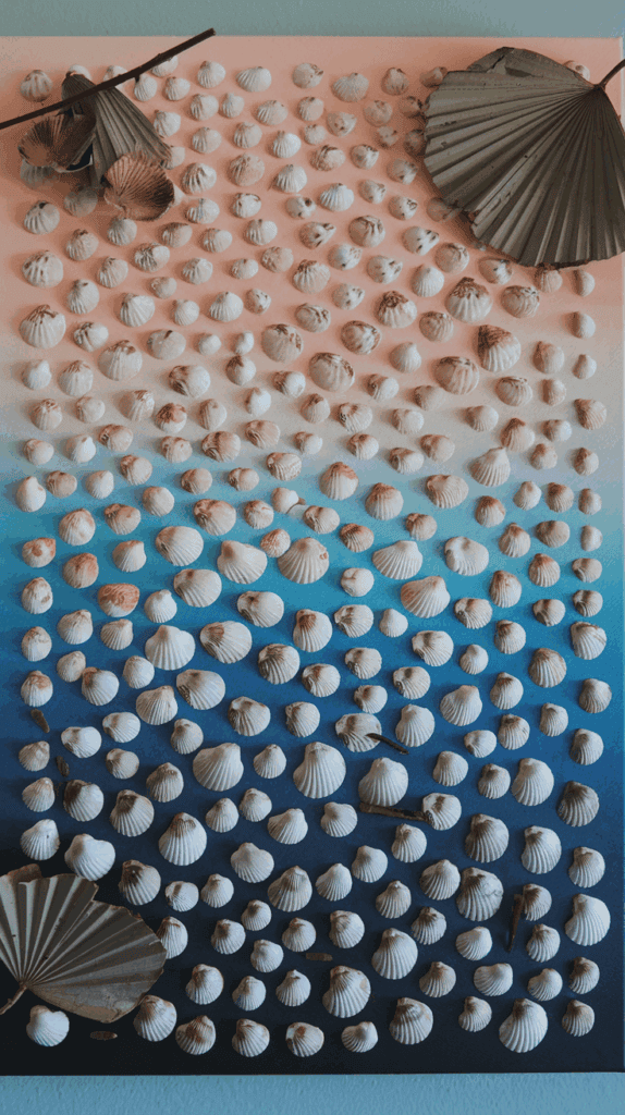 A decorative display of numerous small white seashells arranged on a canvas with a gradient background transitioning from light pink at the top to blue at the bottom, accented by several dried fan-shaped leaves placed at the corners and edges.